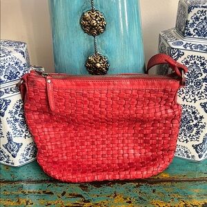 Vibrant Red Woven Leather Shoulder Bag